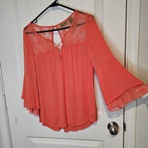 Wrangler Boho Lace Up Bell Sleeve Blouse Coral Pink Medium